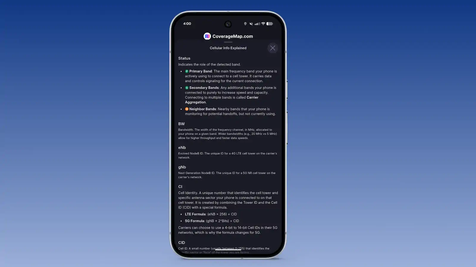 A popup in the new Cellular Info Tab explains what all the terms and metrics mean in plain English