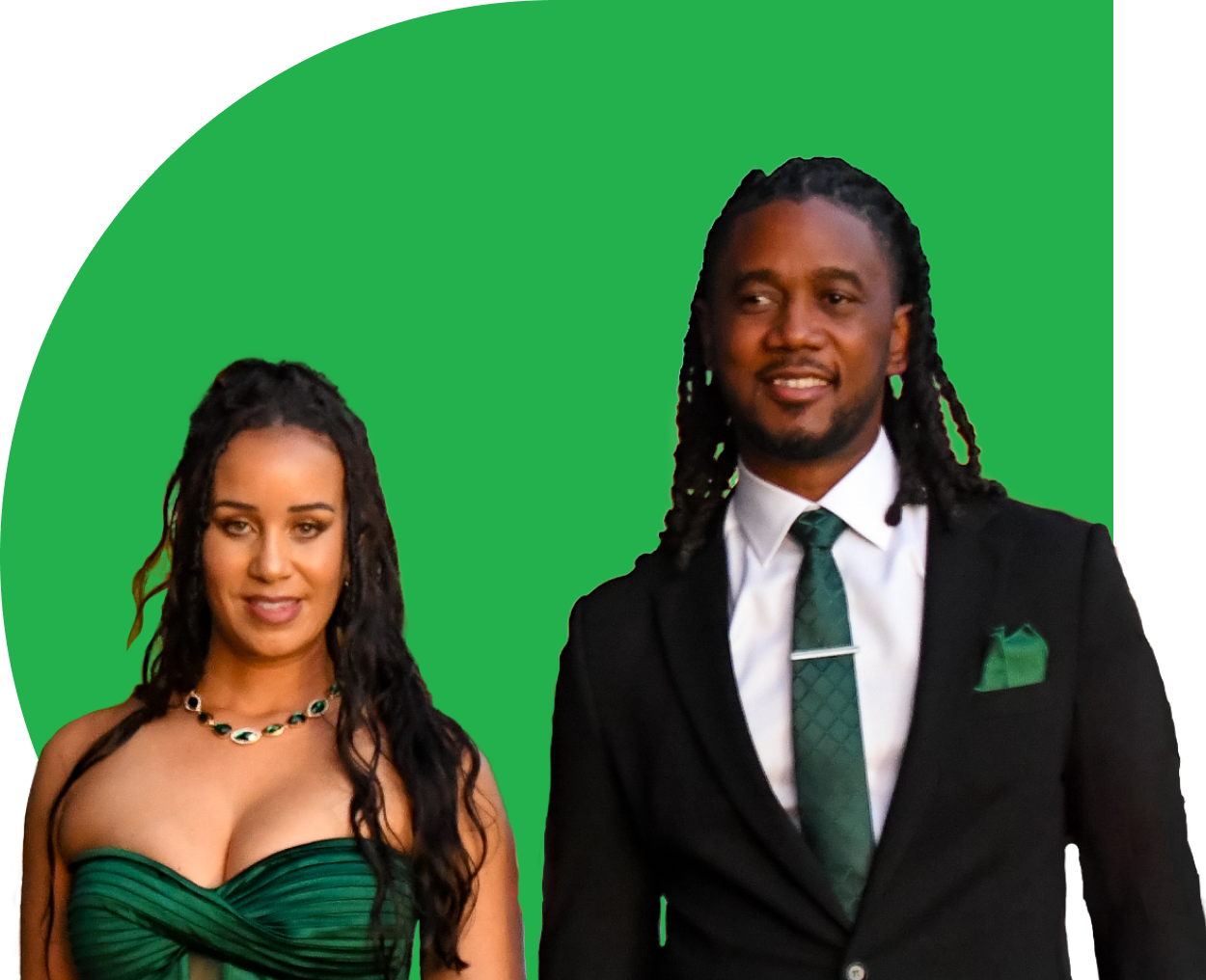 Smiling couple dressed elegantly, man in black suit and woman in black dress with long braided hair, against a green circular background.
