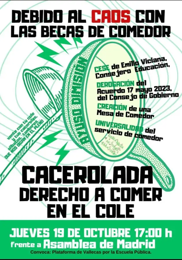 Cartel de la cacerolada protesta becas comedor madrid