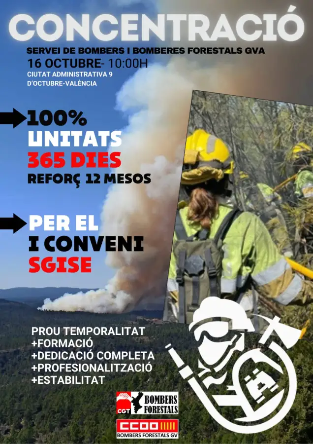 Cartel concentración bomberos forestales en Valencia