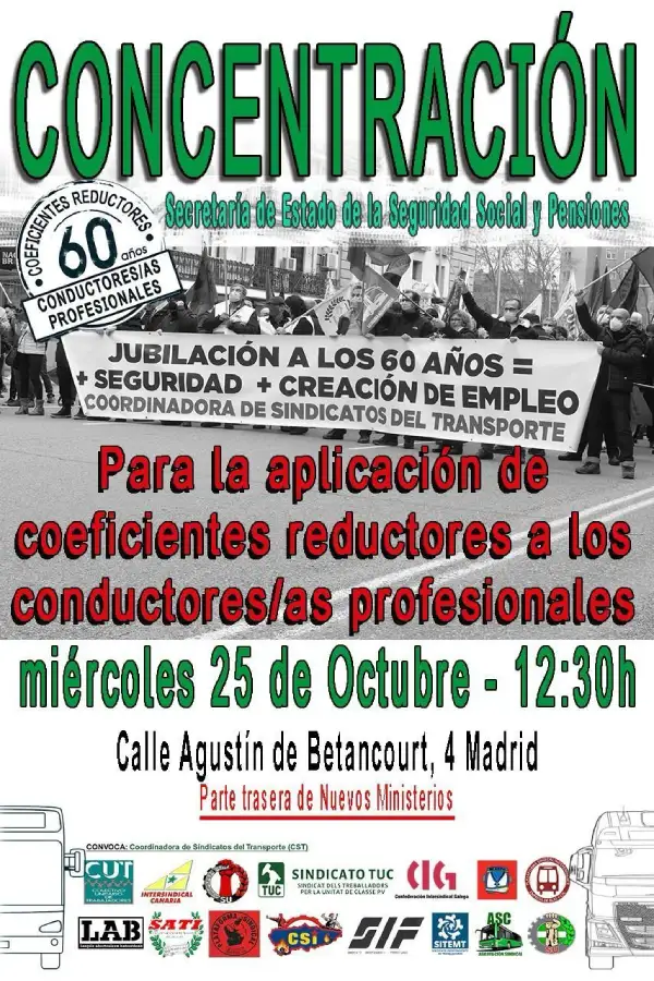 Cartel concentración jubilación 60 años profesionales del transporte