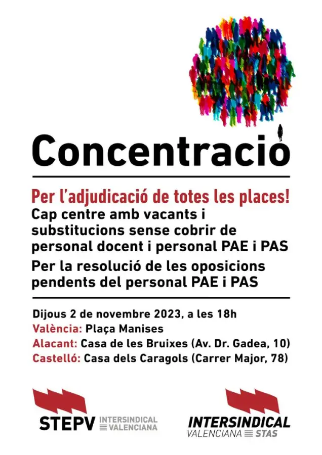 Cartel STEPV de la concentración del 2 de noviembre a valencia en defensa de la educación pública de calidad 