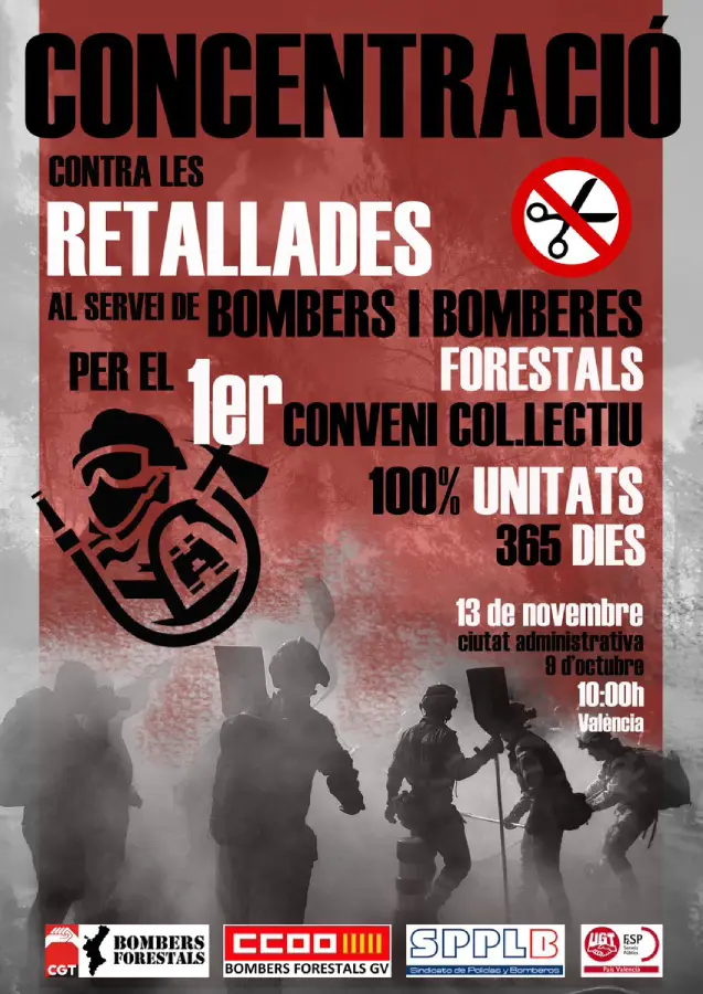Cartel concentración bomberos forestales valencia 13N