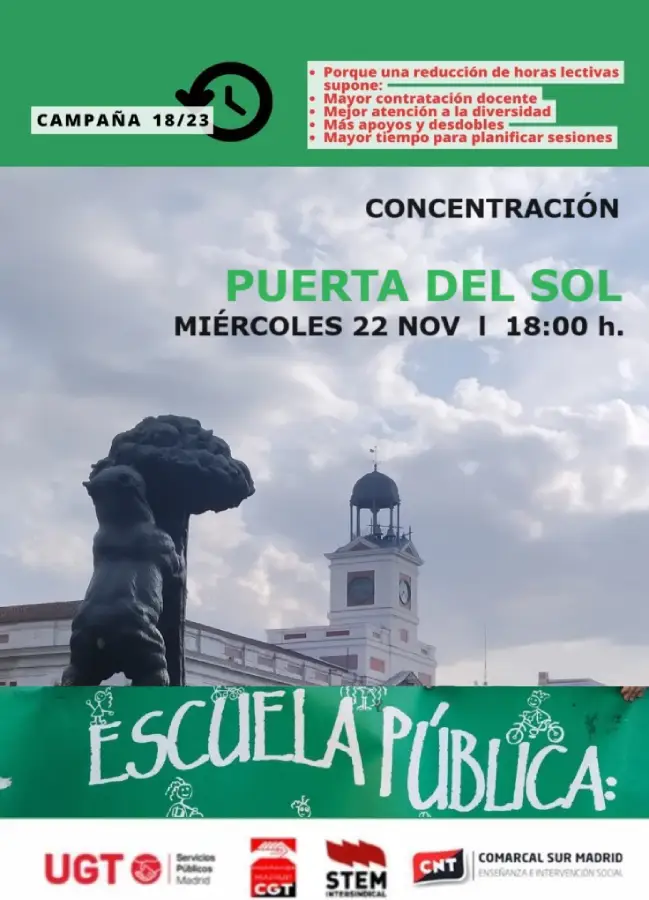 Cartel Escuela Pública menos horas lectivas 22N Madrid