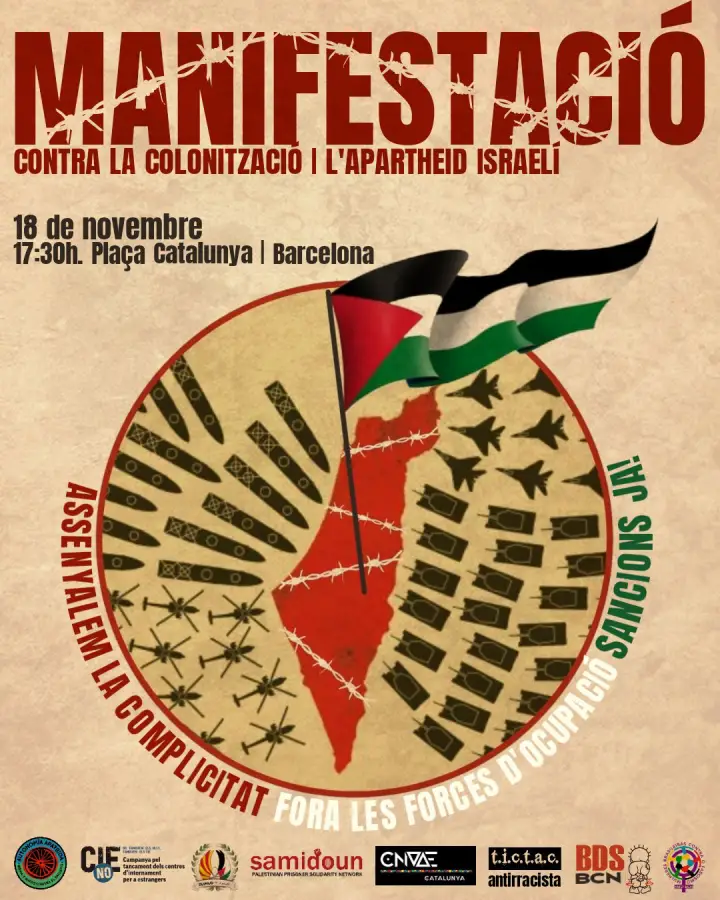 Cartel Manifestacio Unitaria Palestina Barcelona 18 de Noviembre