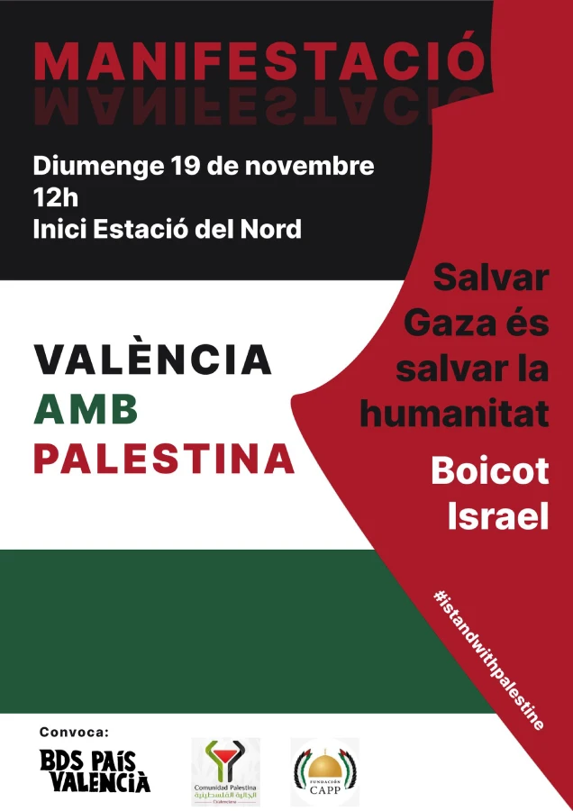 Cartel manifestación Valencia con Palestina 19 de Noviembre 