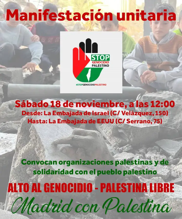 Cartel manifestación palestina en Madrid 18 de noviembre 