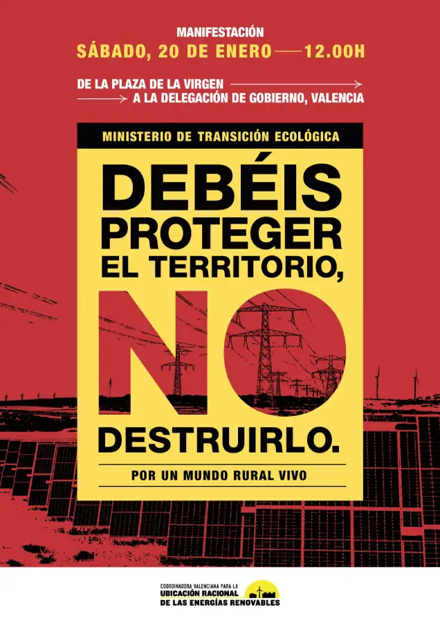 Cartel manifestación contra los megaparques solares en Valencia