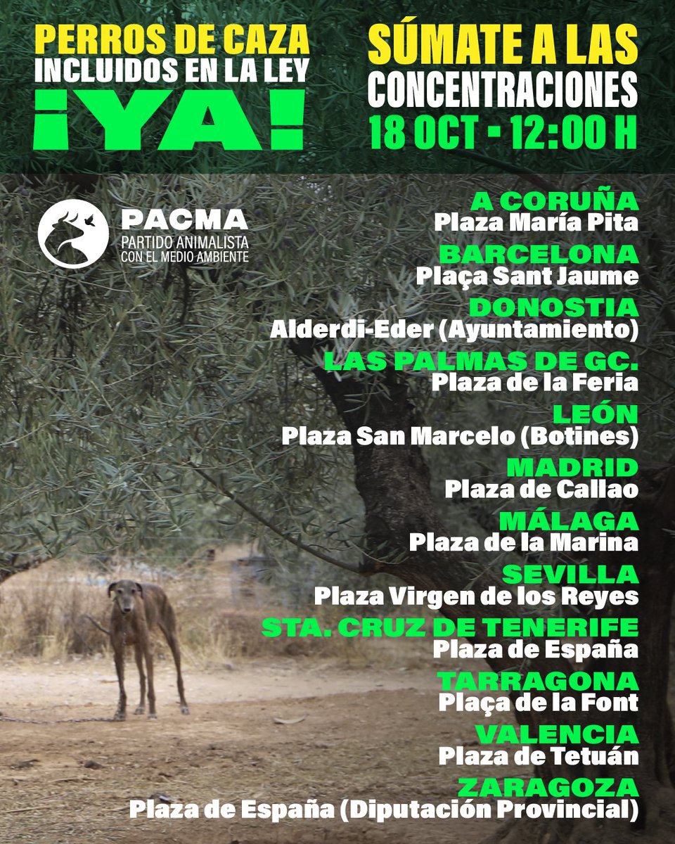 Cartel PACMA perros de caza incluidos en la ley 18 de octubre