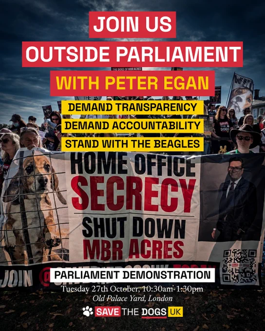 Cartel de Save The Dogs UK que convoca una concentración ante el Parlamento de Londres el 27 de octubre para cerrar MBR Acres