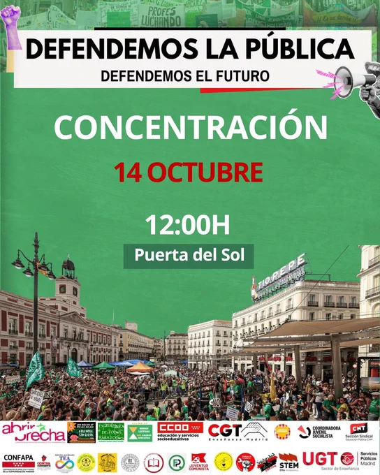 Cartel de la concentración del 14 de octubre a las 12.00 h en la Puerta del Sol por la escuela pública, con los logos de los sindicatos convocantes