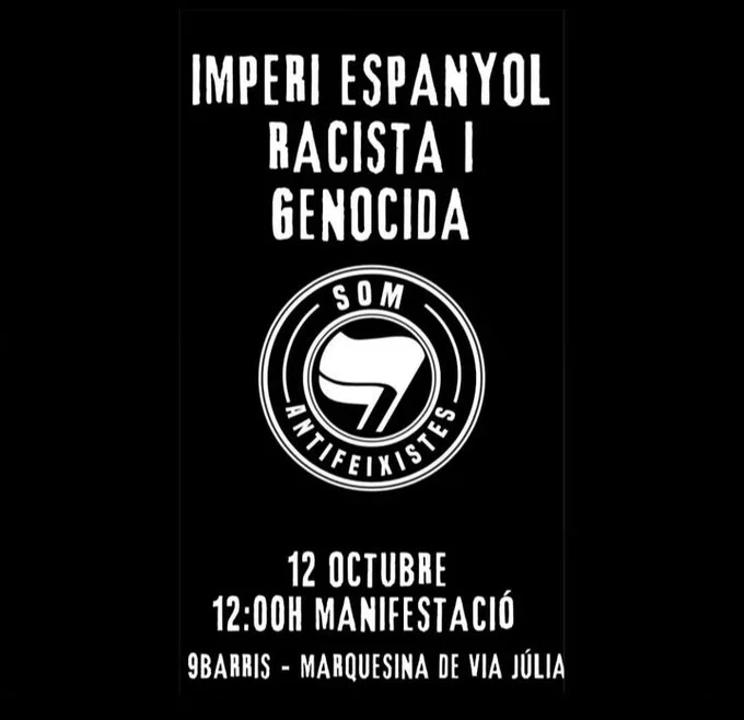 Cartel negro con el lema Imperi espanyol racista i genocida y el logo de Som Antifeixistes