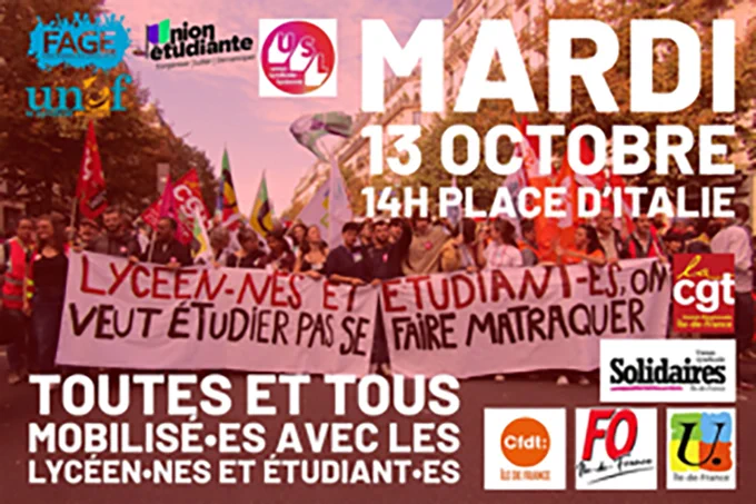 Cartel de la manifestación del martes 13 de octubre a las 14.00 h en la place d'Italie con las siglas de los sindicatos y organizaciones estudiantiles convocantes
