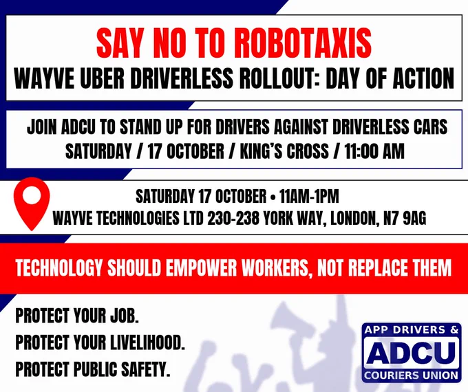 Cartel de ADCU contra los robotaxis de Wayve y Uber, concentración el sábado 17 de octubre de 11.00 a 13.00 h en York Way, Londres