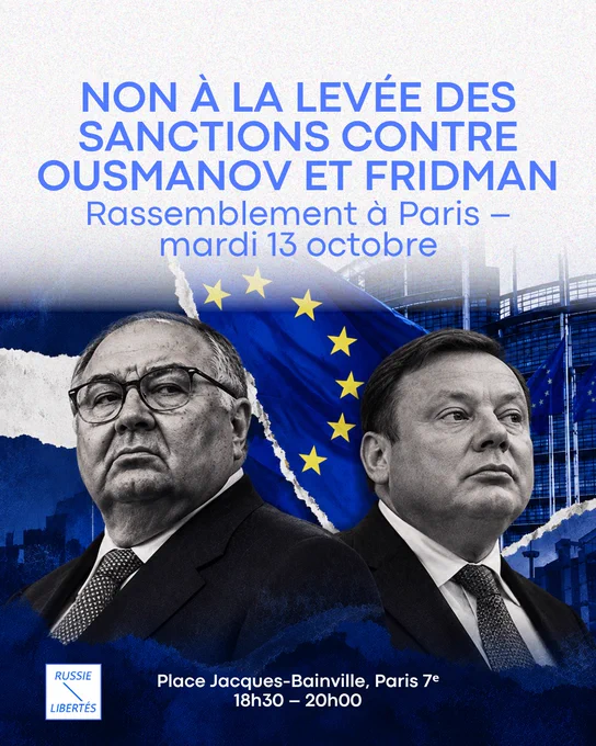 Cartel de Russie-Libertés con los retratos de Usmánov y Fridman sobre la bandera europea y la convocatoria del 13 de octubre en París