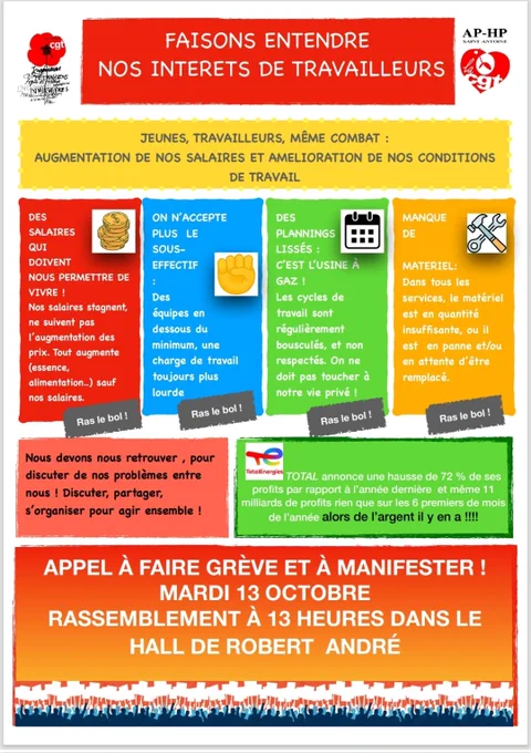 Cartel de la CGT del hospital Saint-Antoine que llama a hacer huelga y a manifestarse el 13 de octubre con una concentración a las 13.00 h