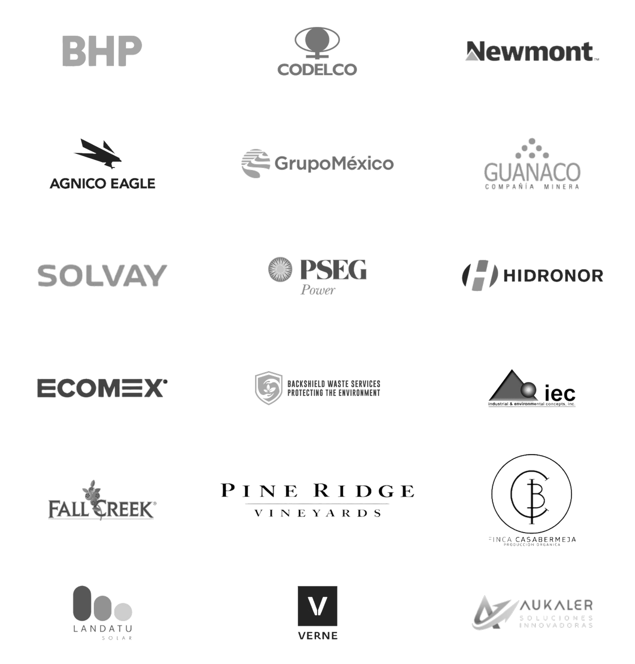 Matriz de logotipos de empresas de los sectores de la minería, la energía, la gestión de residuos y la viticultura, entre las que se incluyen BHP, Codelco, Newmont, Grupo México y otras.