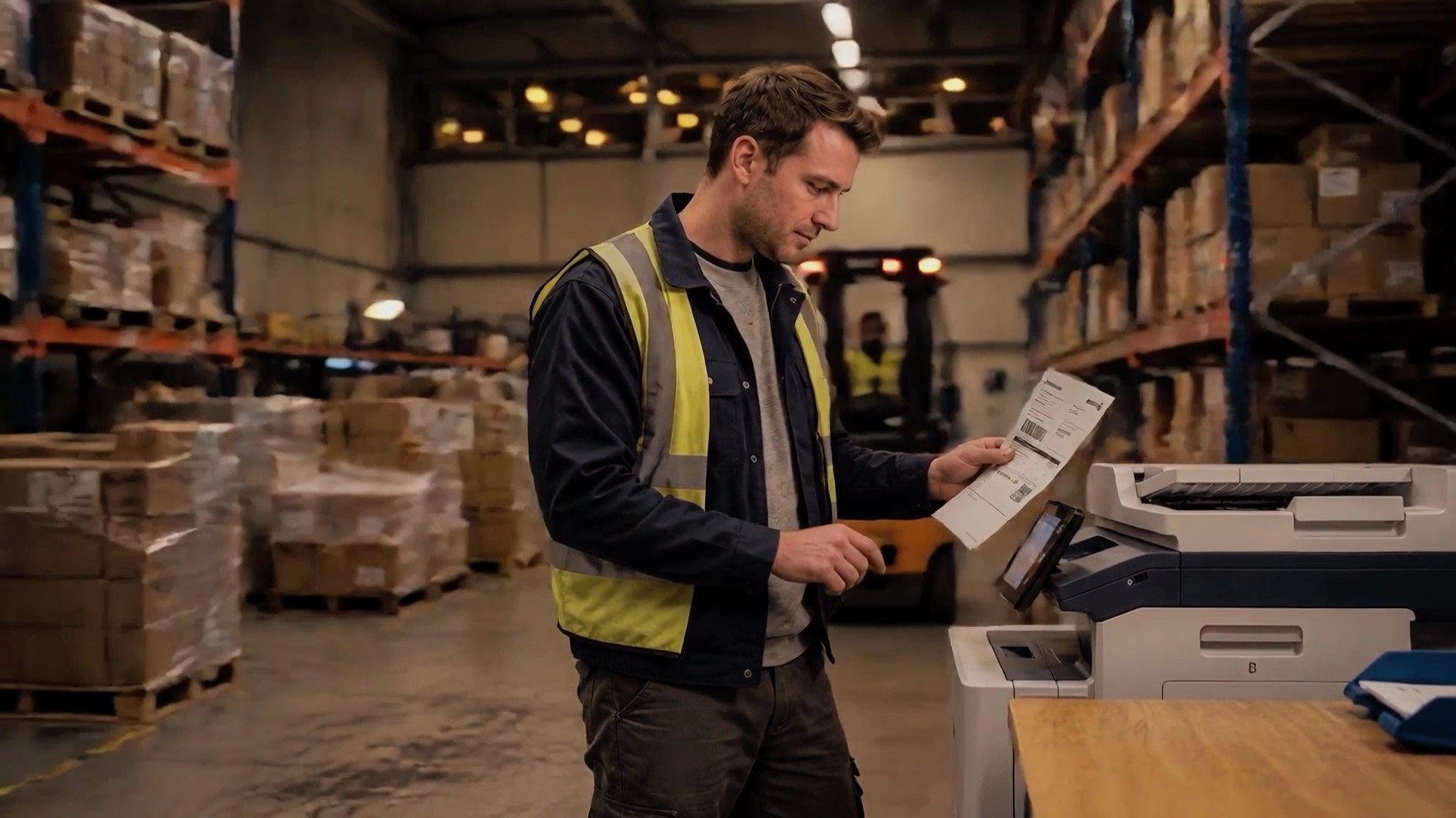 Warehouse scene from the Xerox brand film