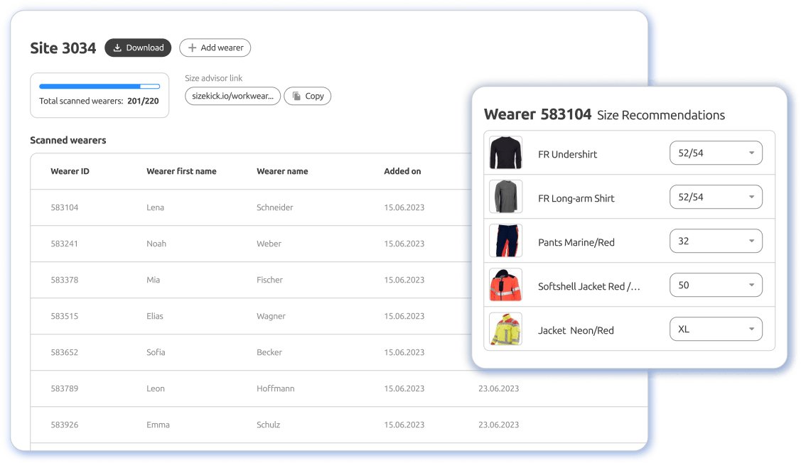 Sizekick customer portal with wearer management and size recommendations