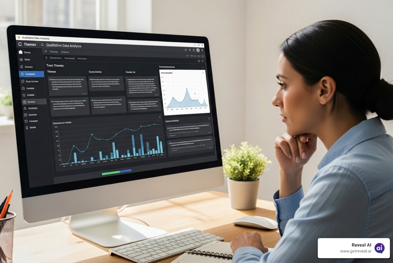 Researcher analyzing qualitative feedback on a screen, showing themes and sentiment - unlock customer insights