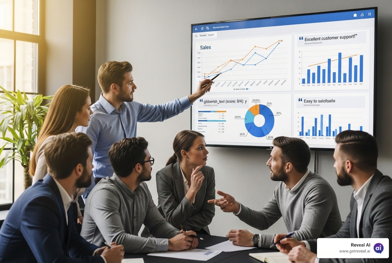 business team collaborating around a screen showing insightful charts and customer quotes - ai powered insights