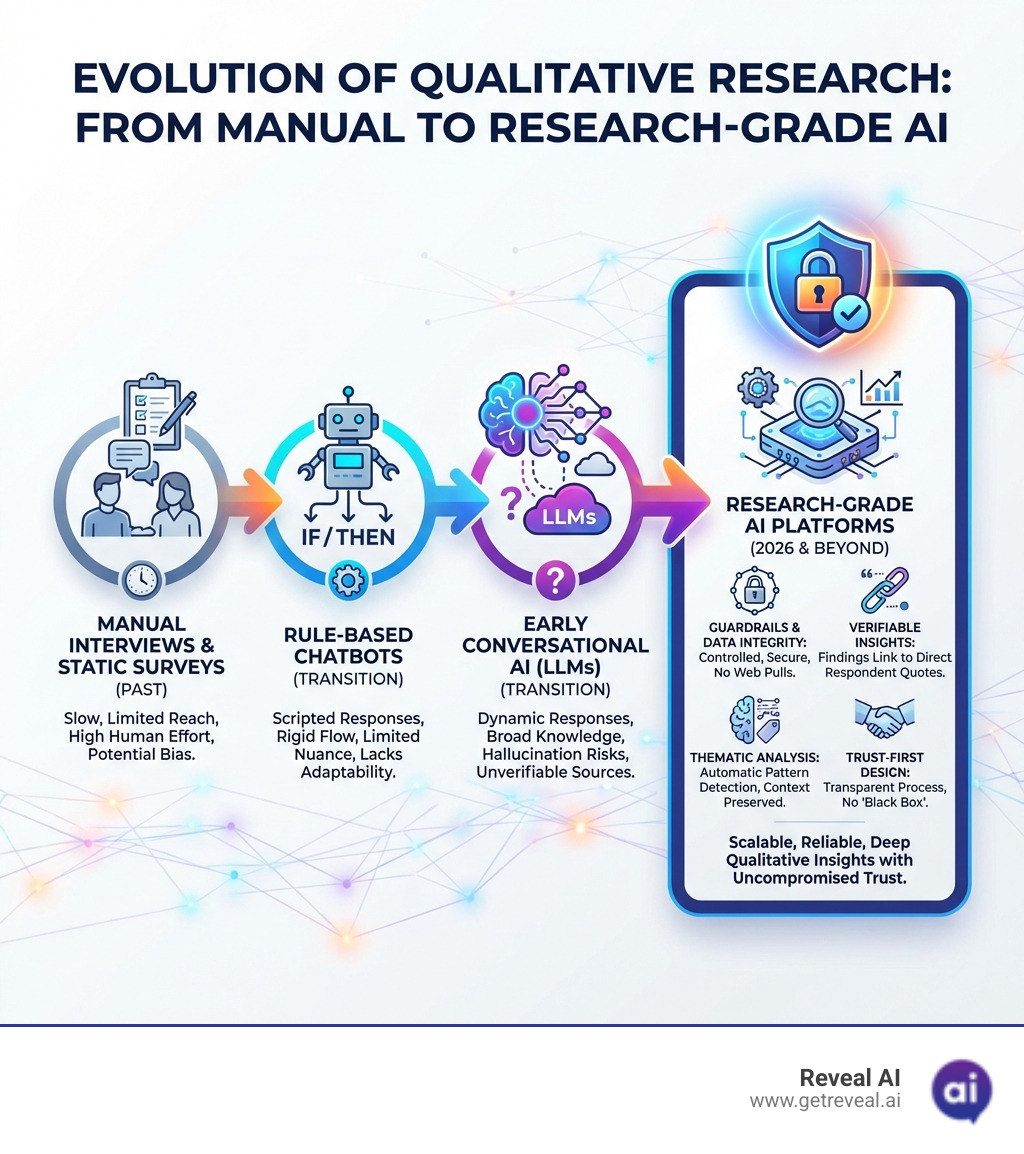 Infographic showing the evolution from manual interviews and static surveys to rule-based chatbots, then to early conversational AI with LLMs, and finally to research-grade AI platforms with guardrails, data integrity, verifiable insights, and thematic analysis - AI conversational platform infographic