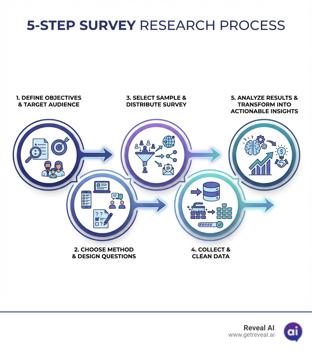 Infographic showing the 5-step survey research process: 1. Define objectives and target audience, 2. Choose survey method and design questions, 3. Select sample and distribute survey, 4. Collect and clean data, 5. Analyze results and transform into actionable insights - Survey research methods infographic