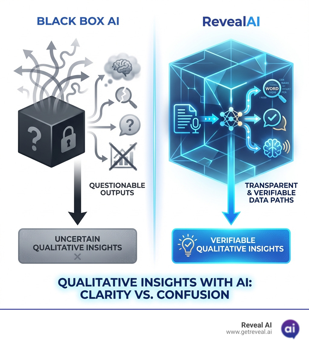 Black box with questionable outputs vs. RevealAI's transparent, verifiable data paths - qualitative insights with ai