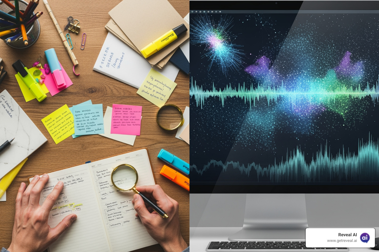 Comparison of manual qualitative data analysis vs. AI-powered qualitative data analysis, highlighting speed, scale, and direct attribution - qual research