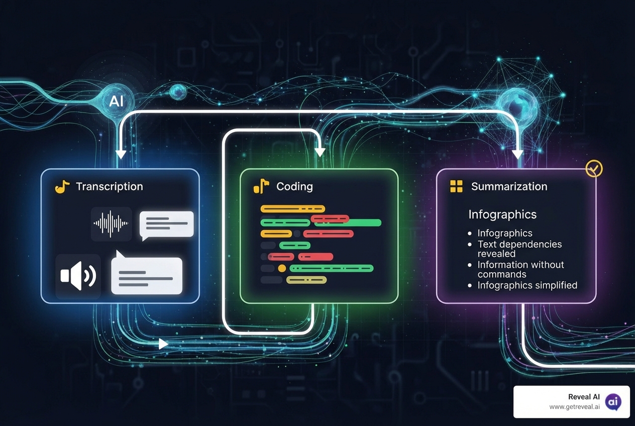 RevealAI workflow diagram showing automation of transcription, coding, and initial summarization - qualitative insights with ai