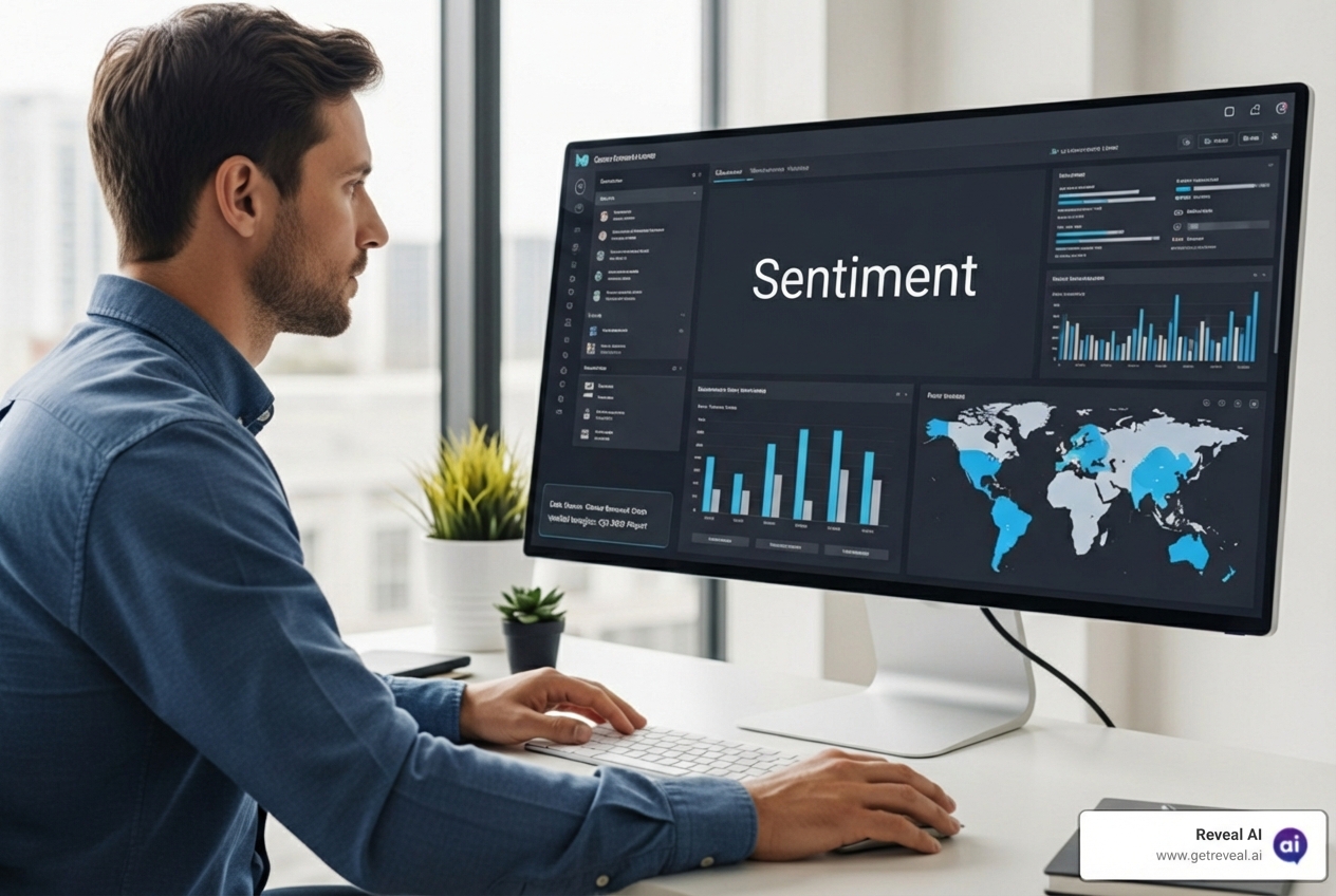 A researcher interacting with RevealAI’s analysis platform, highlighting data attribution and verifiable insights - Employee sentiment analysis tool