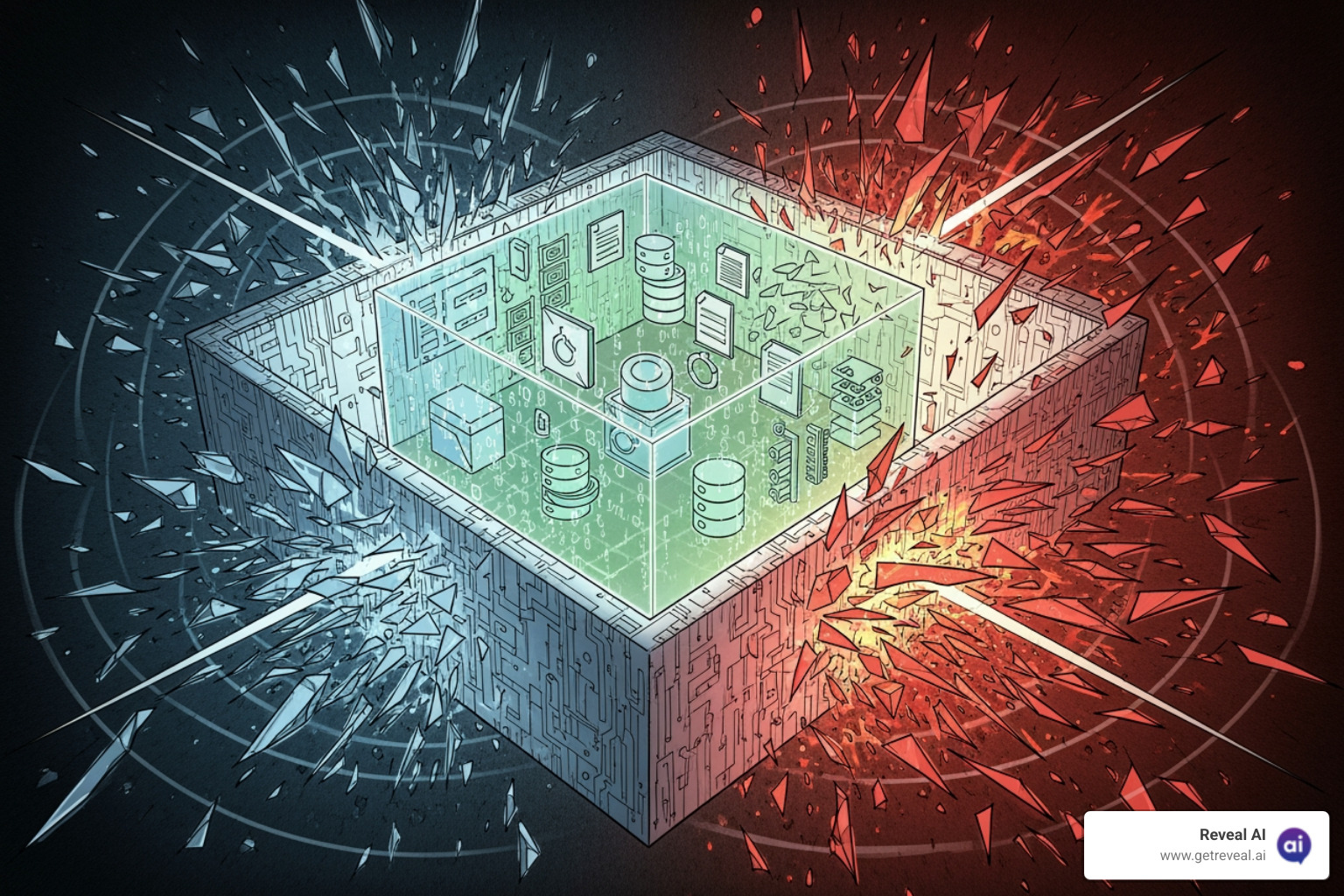 An abstract illustration of a 'Walled Garden' protecting sensitive data, symbolizing RevealAI's data integrity model where external web data cannot enter - AI research platform