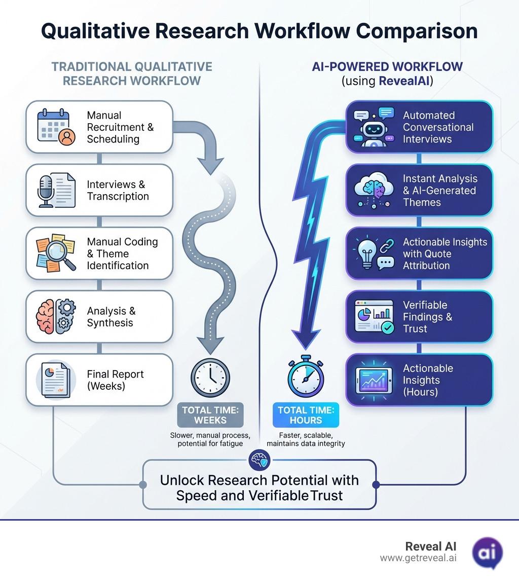 Infographic comparing traditional qualitative research workflow (manual recruitment, scheduling interviews, transcription, manual coding, theme identification over weeks) versus AI-powered workflow using RevealAI (automated conversational interviews, instant analysis, AI-generated themes with quote attribution, actionable insights in hours) - AI research platform infographic 