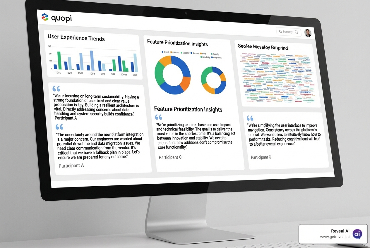 A RevealAI dashboard displaying AI-generated themes from qualitative data, with each theme accompanied by direct quotes from participants as evidence - AI research platform
