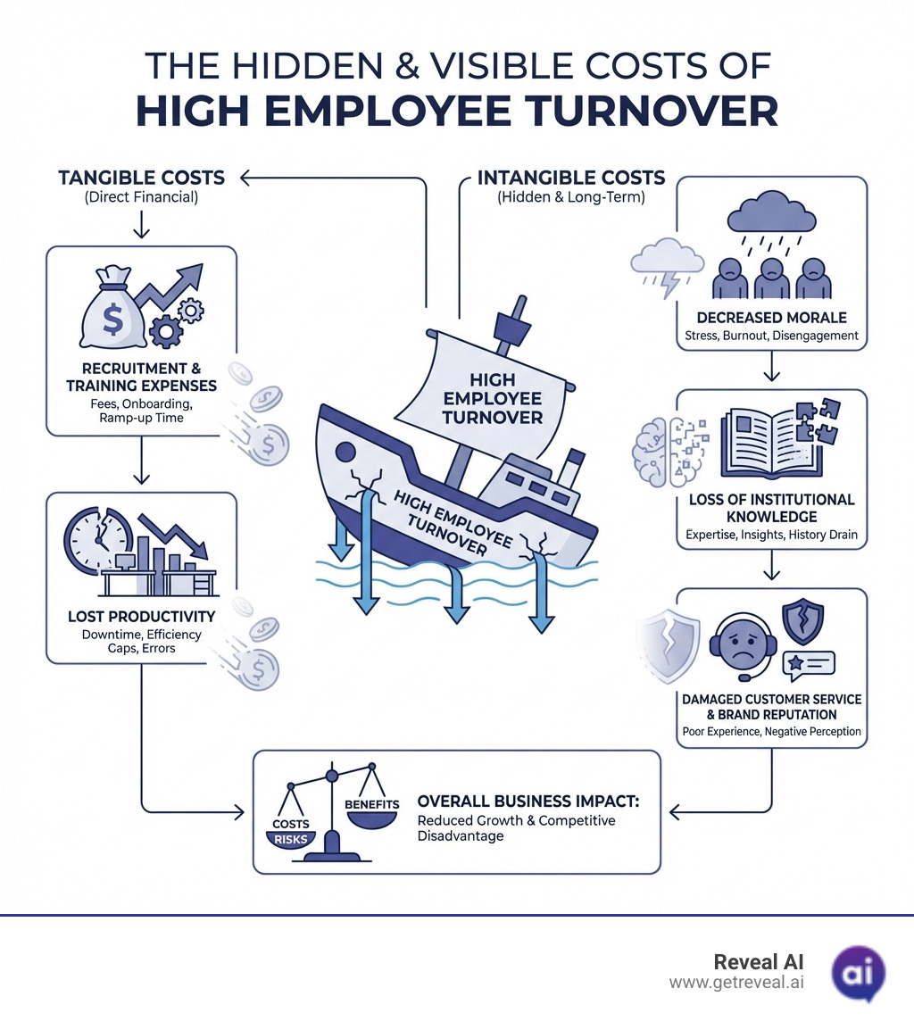 Infographic detailing the tangible and intangible costs of high employee turnover, including recruitment and training expenses, lost productivity, decreased morale, loss of institutional knowledge, and impact on customer service and brand reputation. - employee retention strategies infographic