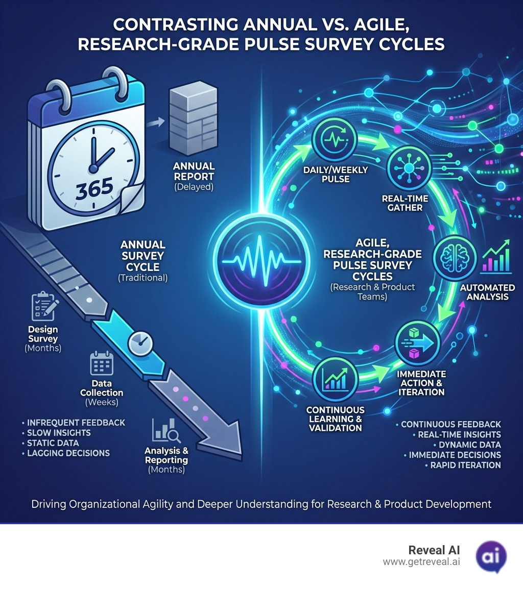 Infographic contrasting annual survey cycles with agile, research-grade pulse survey cycles, specifically for research and product teams - pulse survey app infographic 