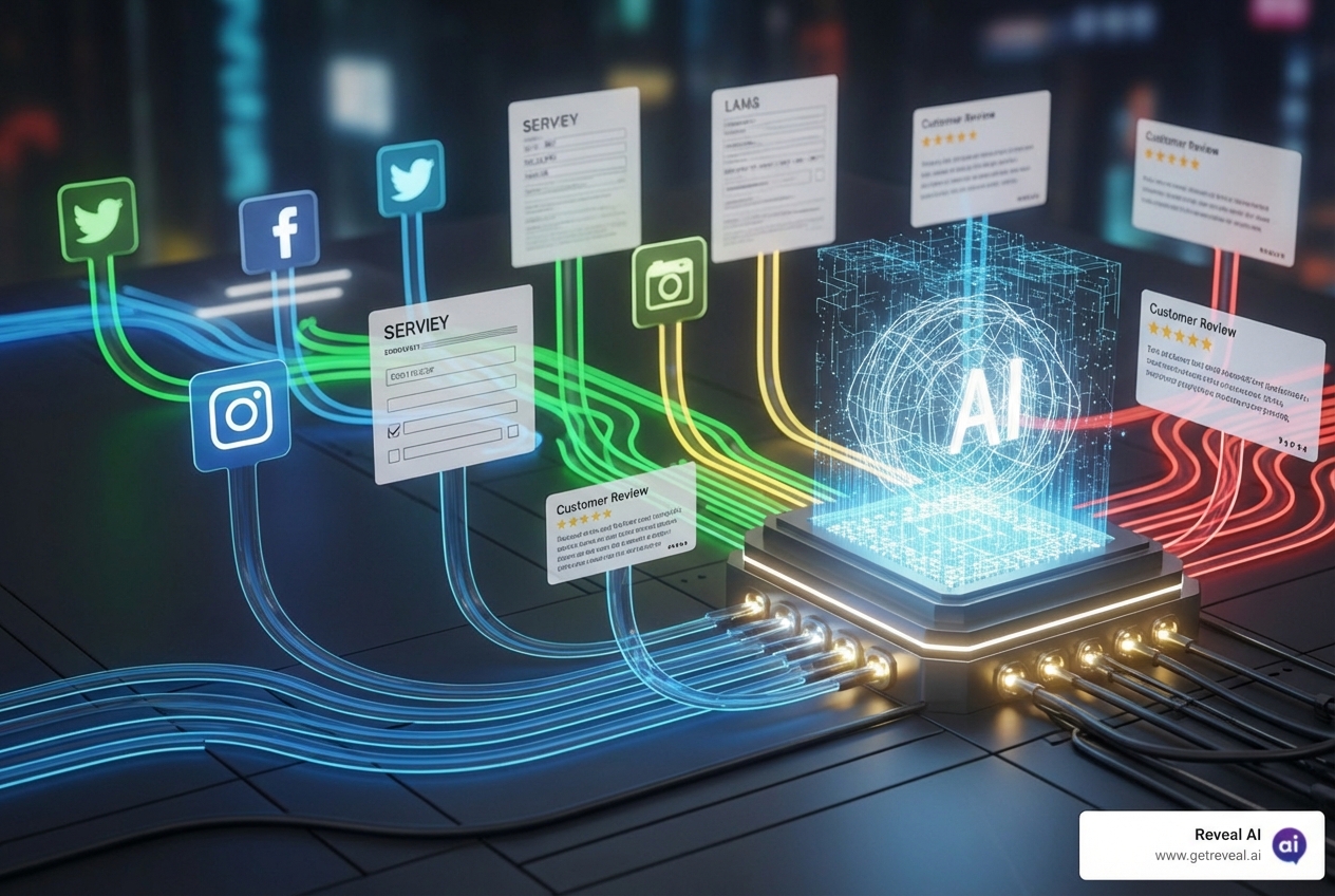 multiple data sources feeding into an AI research platform - voice of customer platforms