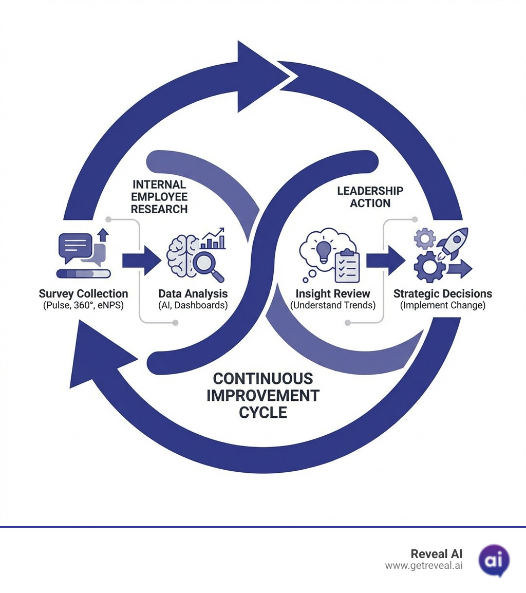 Continuous feedback loop between internal employee research and leadership action infographic - employee survey software