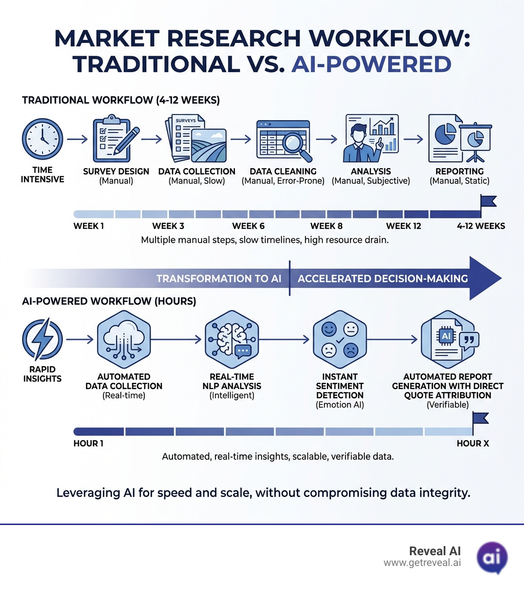 Infographic comparing traditional market research workflow taking 4-12 weeks with multiple manual steps for survey design, data collection, cleaning, analysis and reporting versus AI-powered research workflow completing in hours with automated data collection, real-time NLP analysis, instant sentiment detection, and automated report generation with direct quote attribution - market research ai infographic 