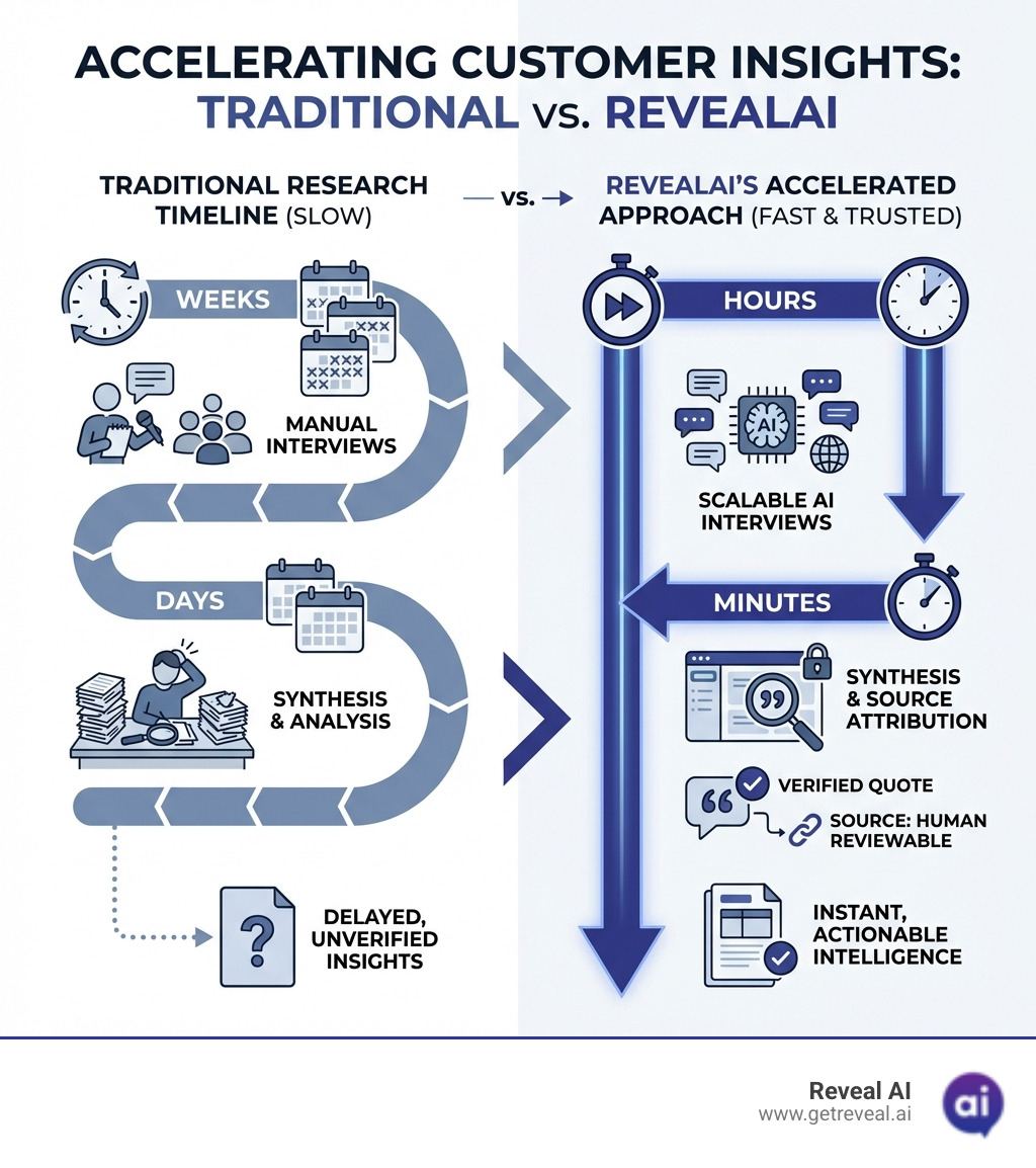 Infographic comparing traditional research timeline (weeks for interviews, days for synthesis) versus RevealAI's accelerated approach (hours for AI interviews, minutes for synthesis with source attribution) - faster customer insights infographic 