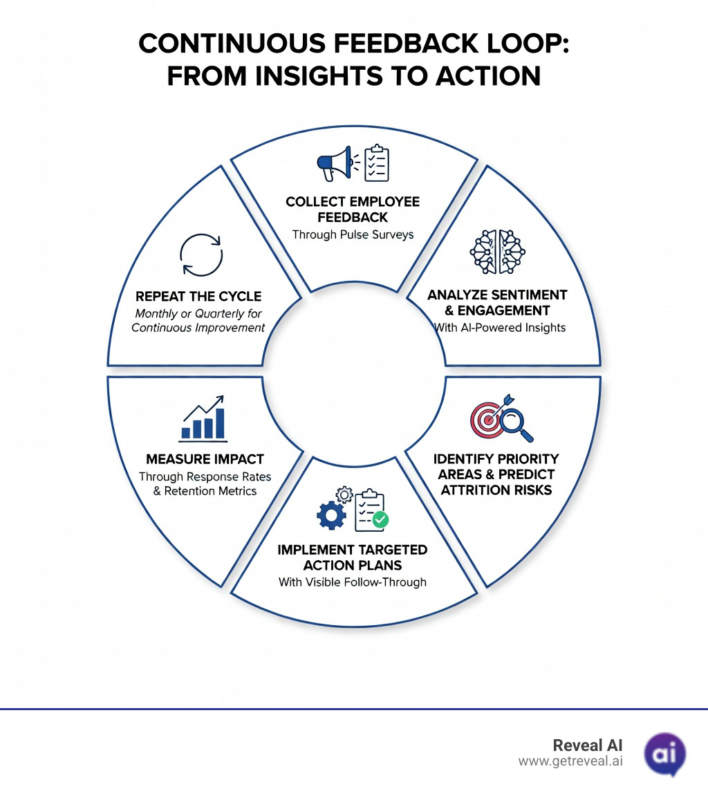 infographic showing the continuous feedback loop: collect employee feedback through pulse surveys, analyze sentiment and engagement drivers with AI, identify priority areas and predict attrition risks, implement targeted action plans with visible follow-through, measure impact through response rates and retention metrics, repeat the cycle monthly or quarterly for continuous improvement - employee survey app infographic 