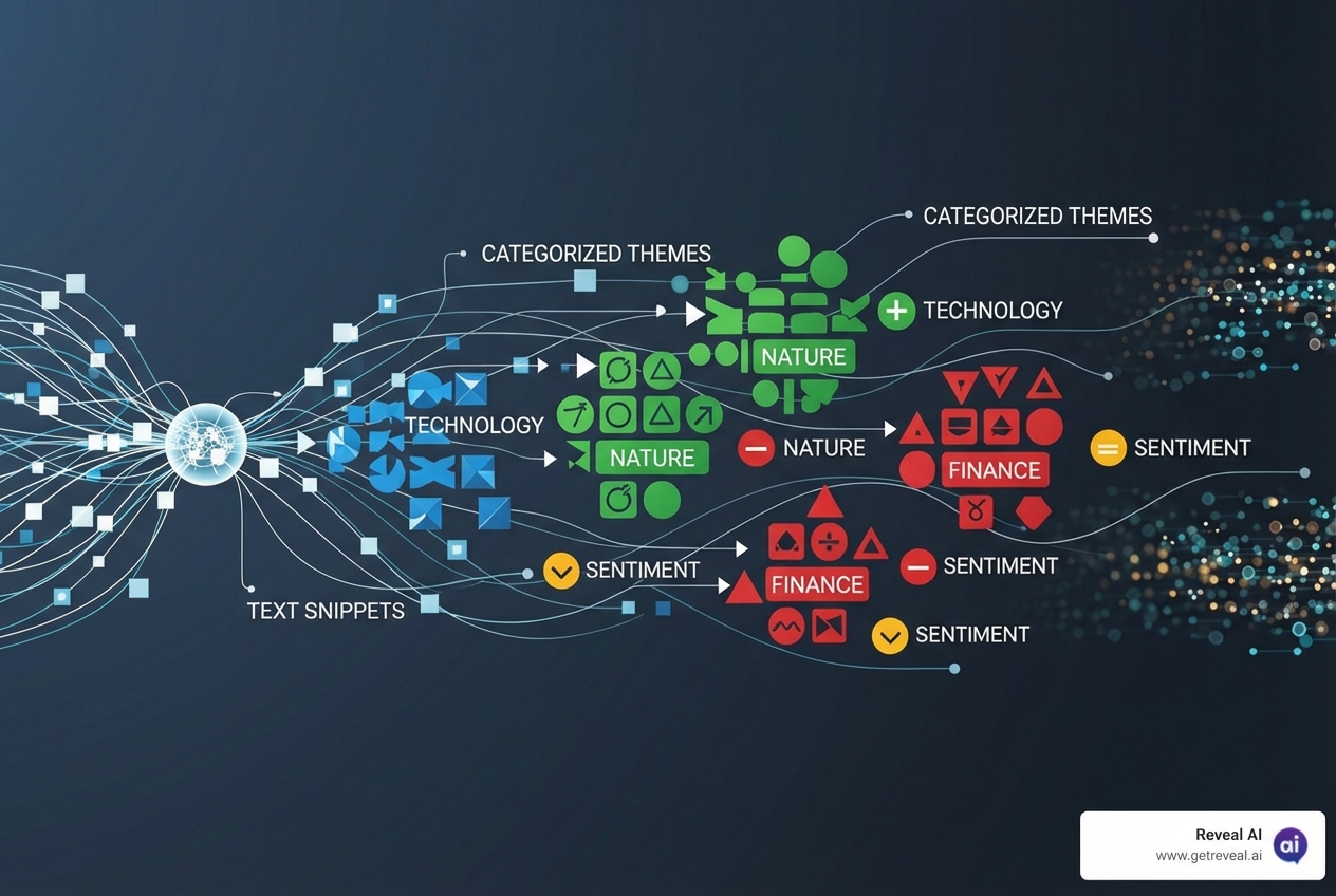 A visual representation of natural language processing categorizing open-ended responses into themes and sentiments. - AI survey analysis tools