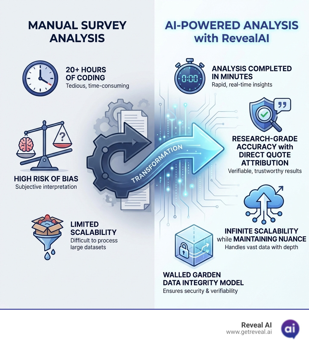 Infographic showing the transformation from manual survey analysis (20+ hours of coding, high risk of bias, limited scalability) to AI-powered analysis with RevealAI (analysis completed in minutes, research-grade accuracy with direct quote attribution, infinite scalability while maintaining nuance, Walled Garden data integrity model ensuring verifiability) - AI survey analysis tools infographic 