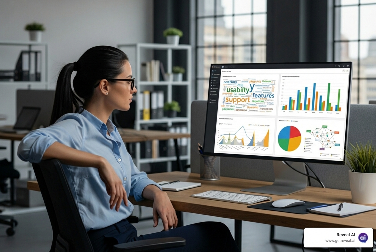 Researcher looking at a dashboard with qualitative data themes and charts - customer insights