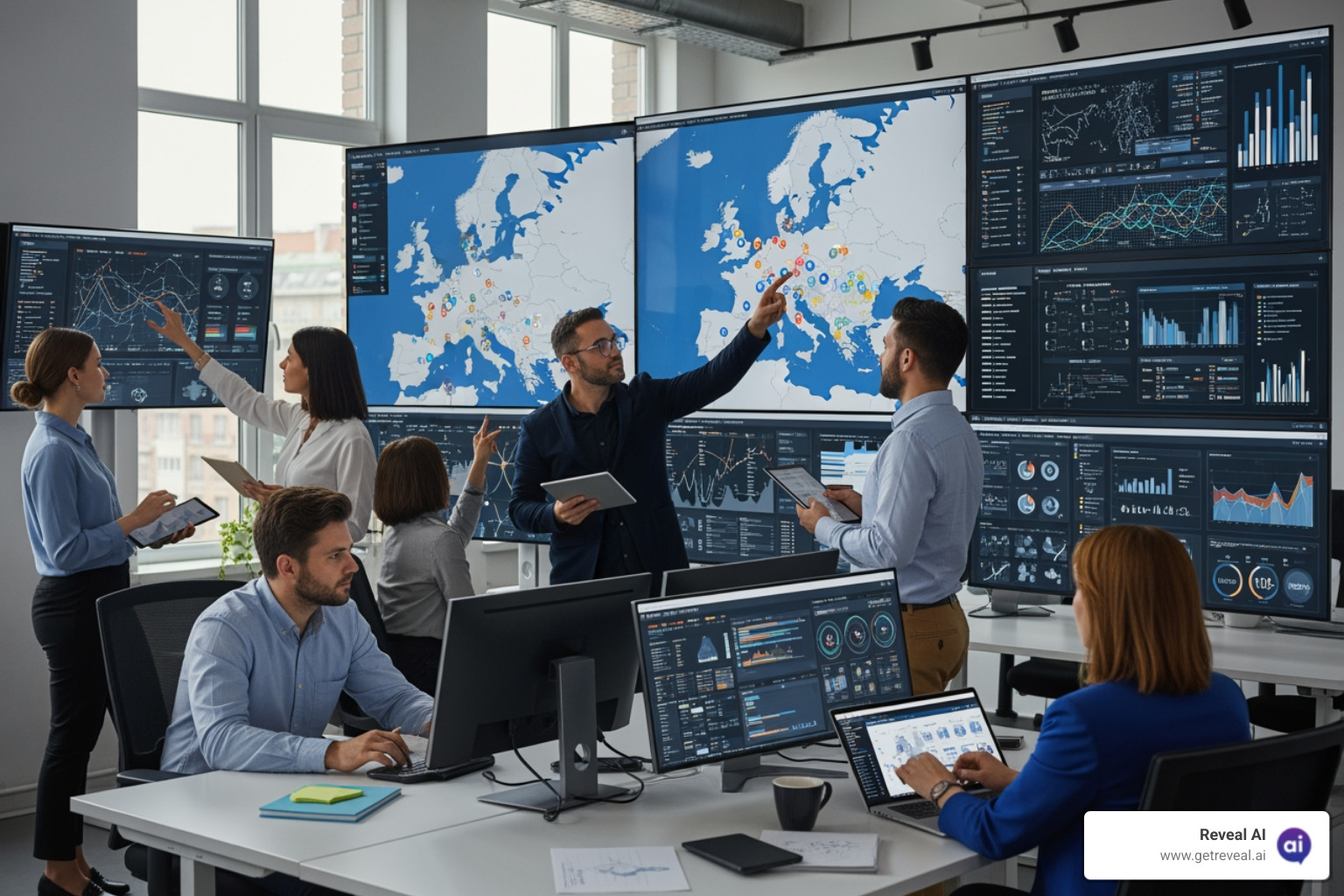 Professional researchers analyzing pan-European data on digital dashboards - market research agency europe