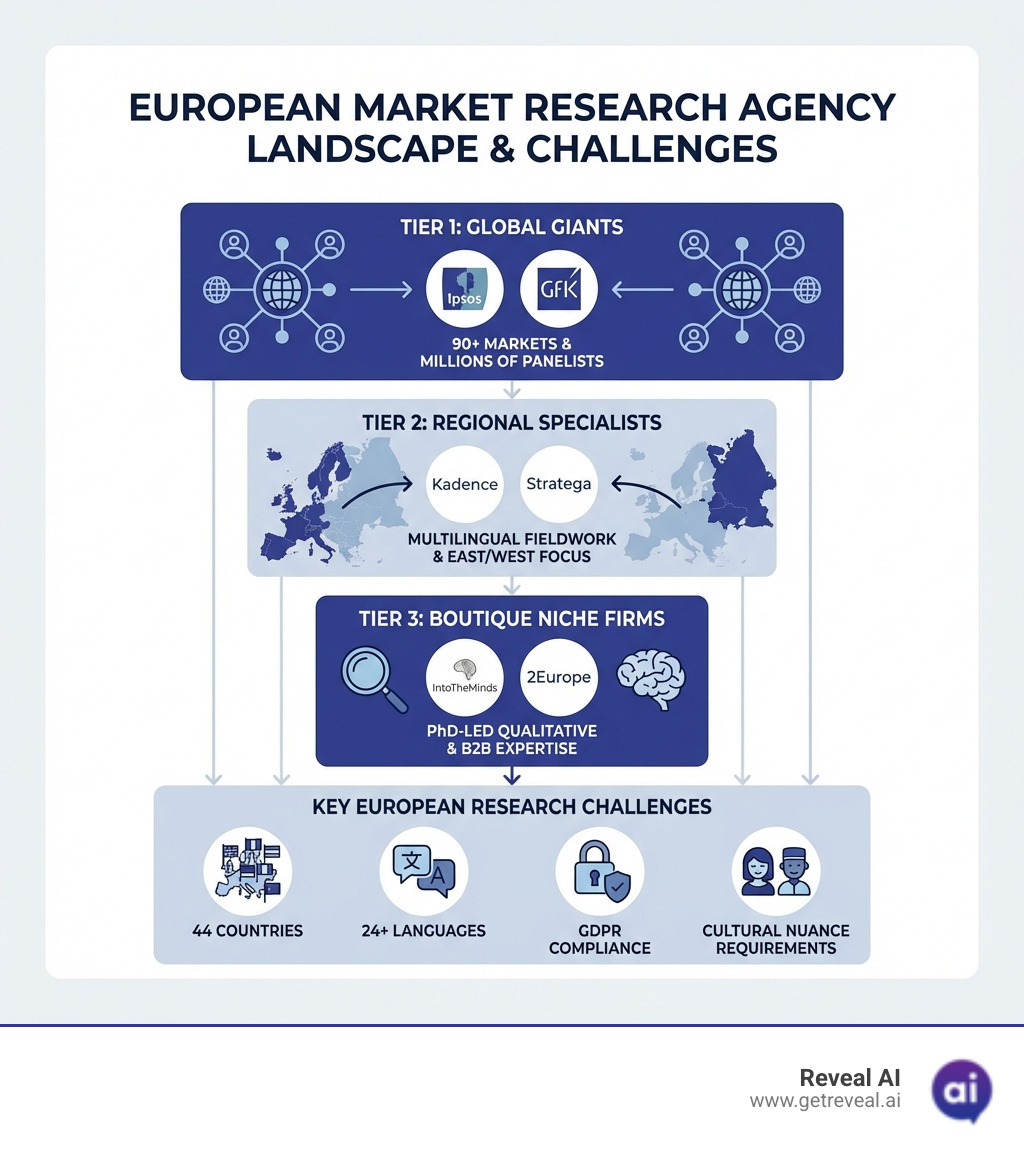 Infographic showing the three tiers of European market research agencies: Global Giants (Ipsos, GfK) with 90+ markets and millions of panelists, Regional Specialists (Kadence, Stratega) with multilingual fieldwork and Eastern/Western Europe focus, and Boutique Niche Firms (IntoTheMinds, 2Europe) with PhD-led qualitative methods and B2B expertise; also shows key European research challenges including 44 countries, 24+ languages, GDPR compliance, and cultural nuance requirements - market research agency europe infographic 