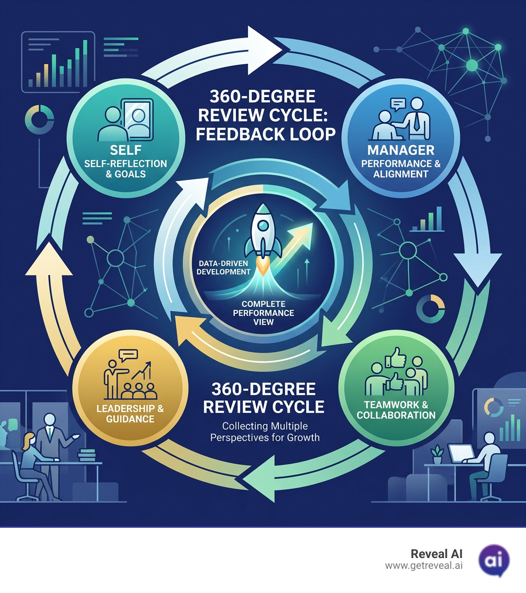 360-degree review cycle infographic showing self, peer, manager, and direct report feedback loop - 360 employee review