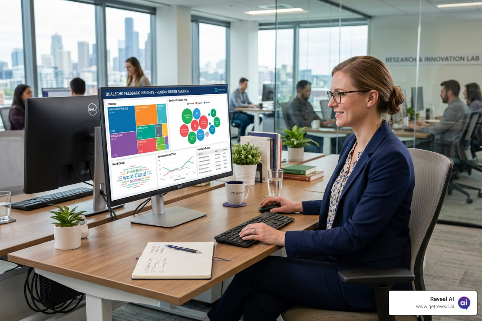 A researcher using an AI dashboard to visualize qualitative themes - AI powered feedback analysis A researcher using an AI dashboard to visualize qualitative themes - AI powered feedback analysis