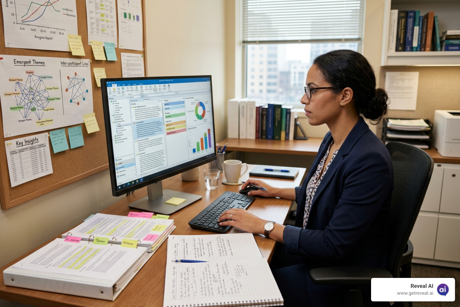 A researcher analyzing qualitative data to find key themes and employee insights - listening to employee suggestions A researcher analyzing qualitative data to find key themes and employee insights - listening to employee suggestions