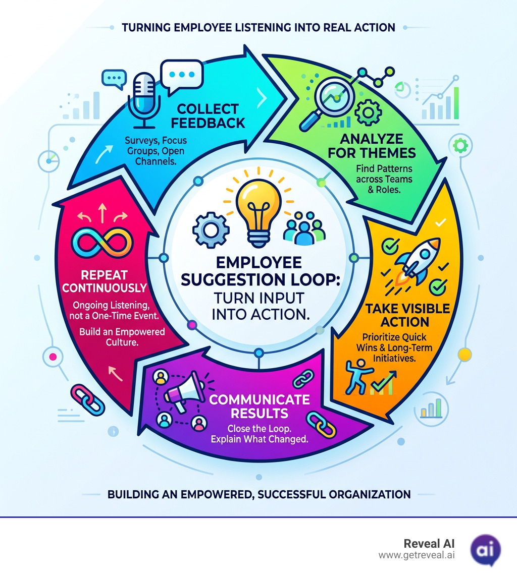 Feedback-to-action loop: collect, analyze, act, communicate, repeat - listening to employee suggestions infographic Feedback-to-action loop: collect, analyze, act, communicate, repeat - listening to employee suggestions infographic
